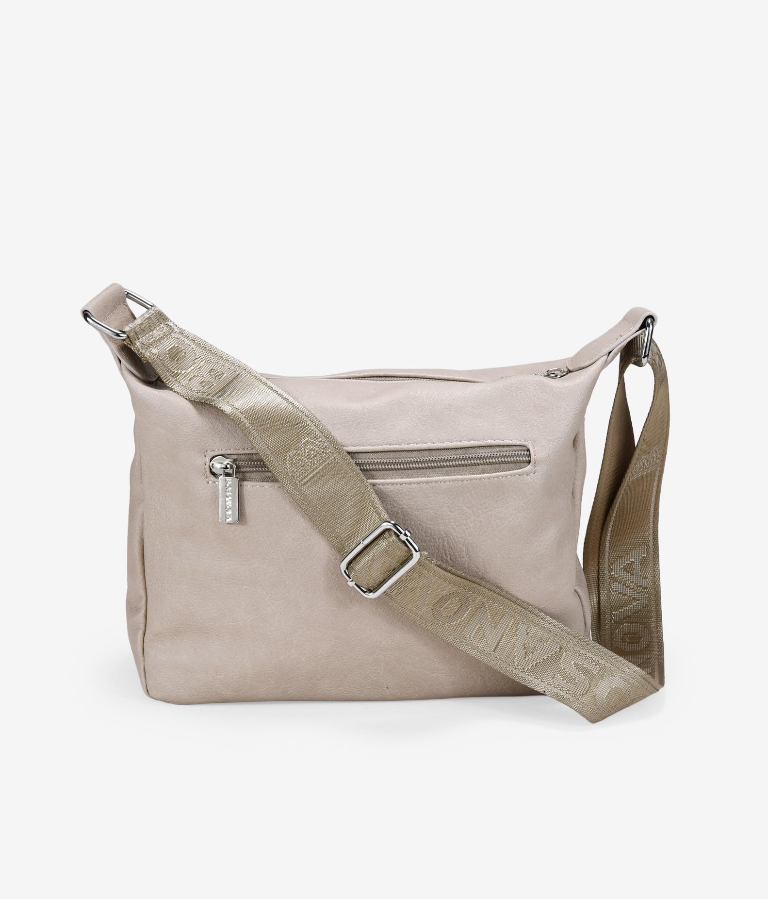 BOSANOVA Bolso Bandolera para Mujer con Tres Bolsillos Frontales, Bordado Decorativo con tachas y asa de Cruzar Regulable. Cierre con Cremallera. Beige U