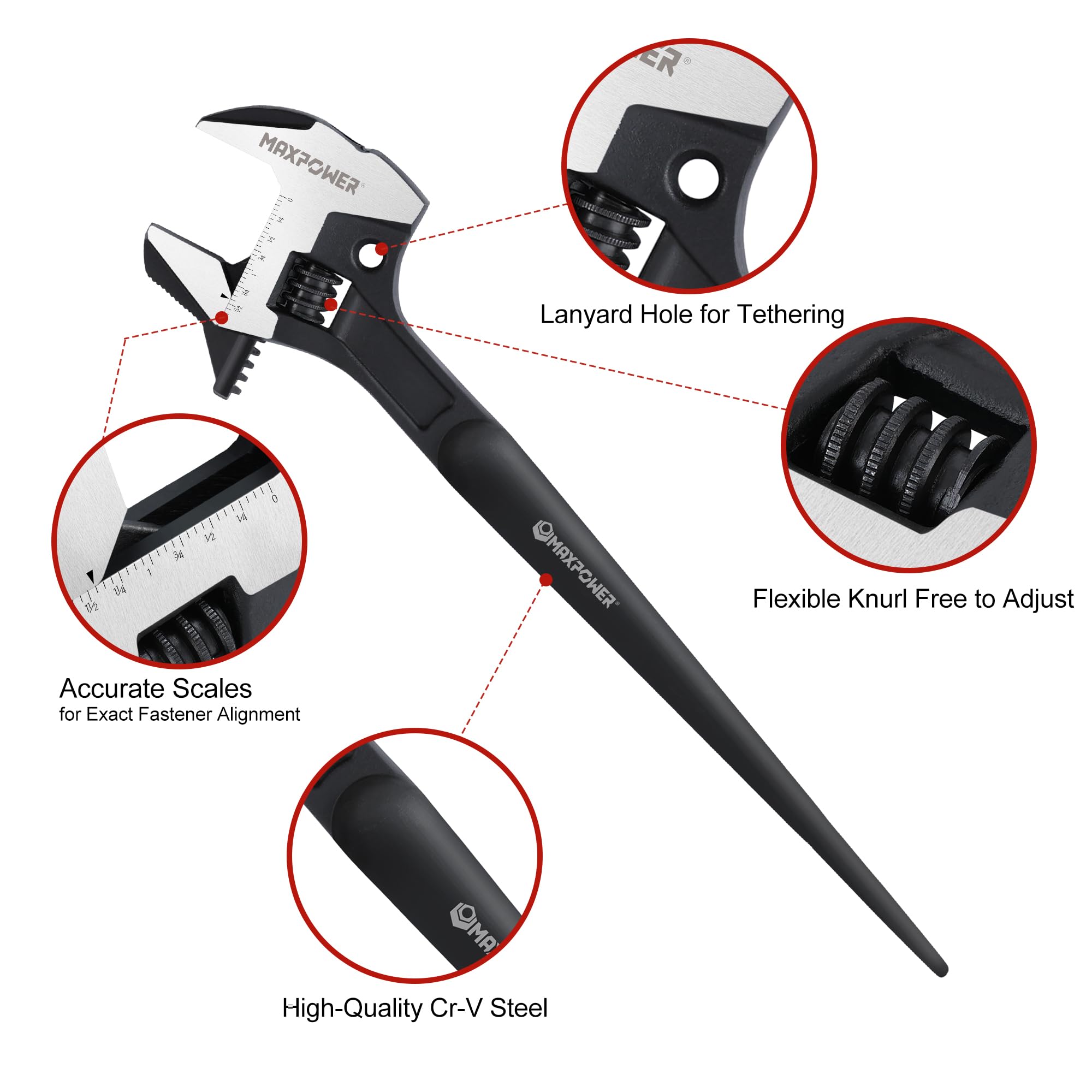 MAXPOWER 16-inch Adjustable Construction Spud Wrench, 4 in 1 Multifunctional Use for Spud Wrench Adjustable Wrench and Hammer - Image 3