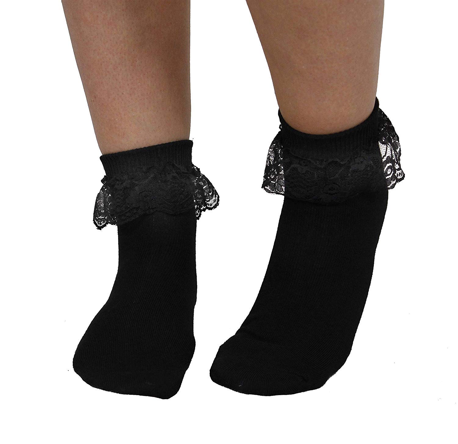 ADULT BLACK BOBBY SOCKS - BLACK FRILLED ANKLE LENGTH 50s SOCKS - 50s FANCY DRESS ACCESSORY - 24 PAIRS
