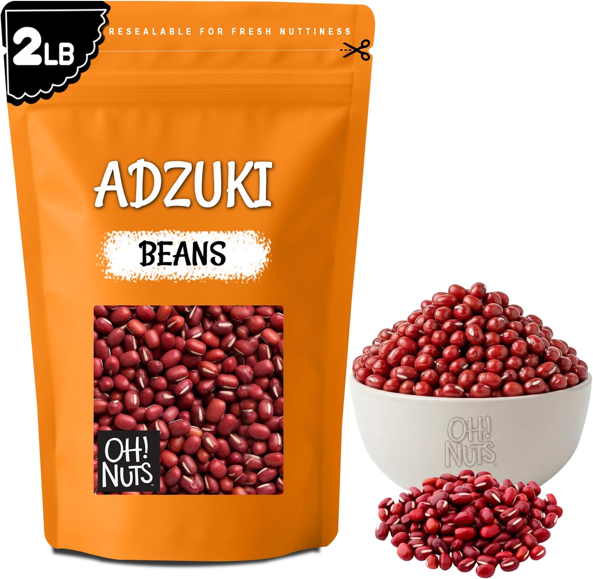 Oh! Nuts Adzuki Beans - Raw - 100% Natural - 2 lb - Dried Red Mung Beans from Thailand - Packed in New York Zip-Seal Bag for Exceptional Freshness