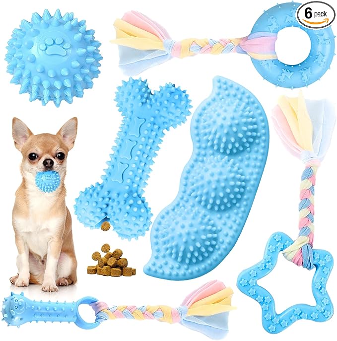 Petcare 6 Pack Puppy Chew Toys - Blue, Soft Rubber Rope & Bone Ball Teething Toys for Small Dogs & Puppies, Including Yorkie