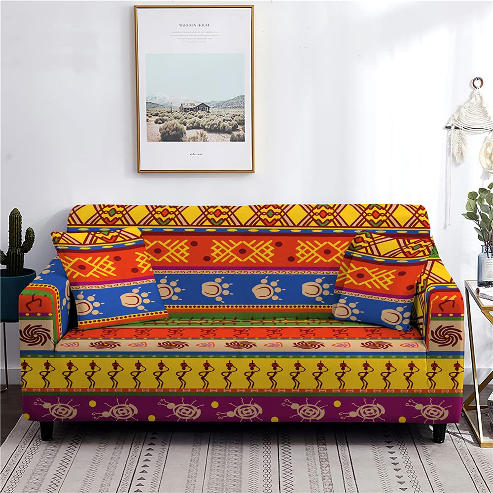 Surwin Sofa Slipcovers 1 2 3 4 Seater, 3D Bohemia Printed Fabric Elastic Sofa Cover Universal Arm Stretch Sofa Covers Protector Couch Slipcover Furniture Protector (Retro tribal,3 Seater (190-230cm))