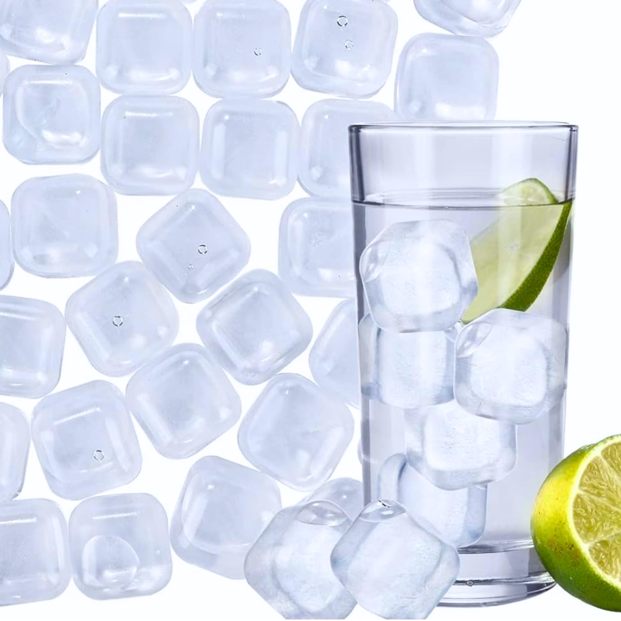 20 PC Reusable Plastic Ice Cubes, Square Shaped Clear Ice Cubes, Non-Diluting and Re-Freezable. Perfect to Enjoy Chilled Drinks. (Square)