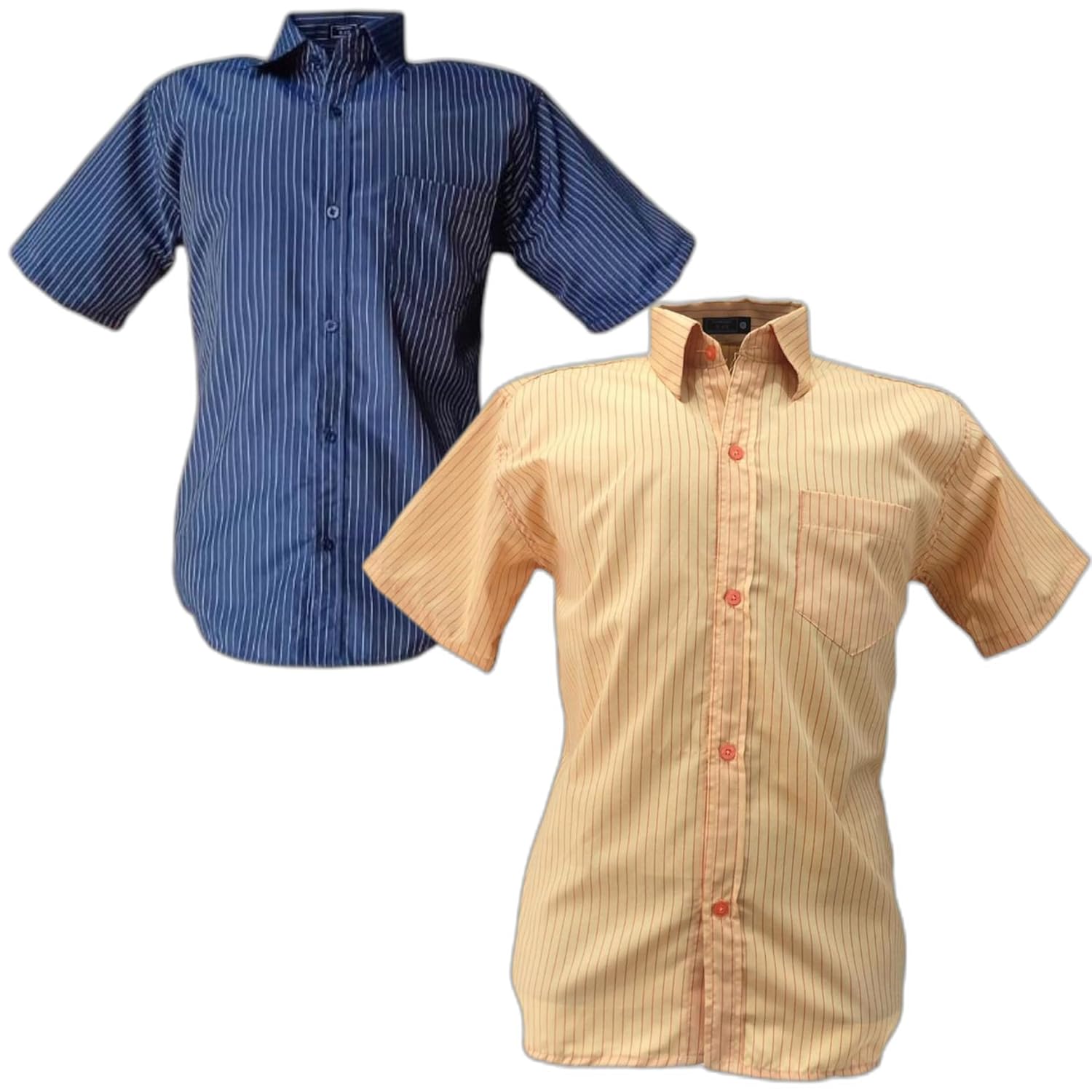 Camisa Social Masculina Listrada, Manga Curta, com Bolso, Azul e Telha, 2 Peças
