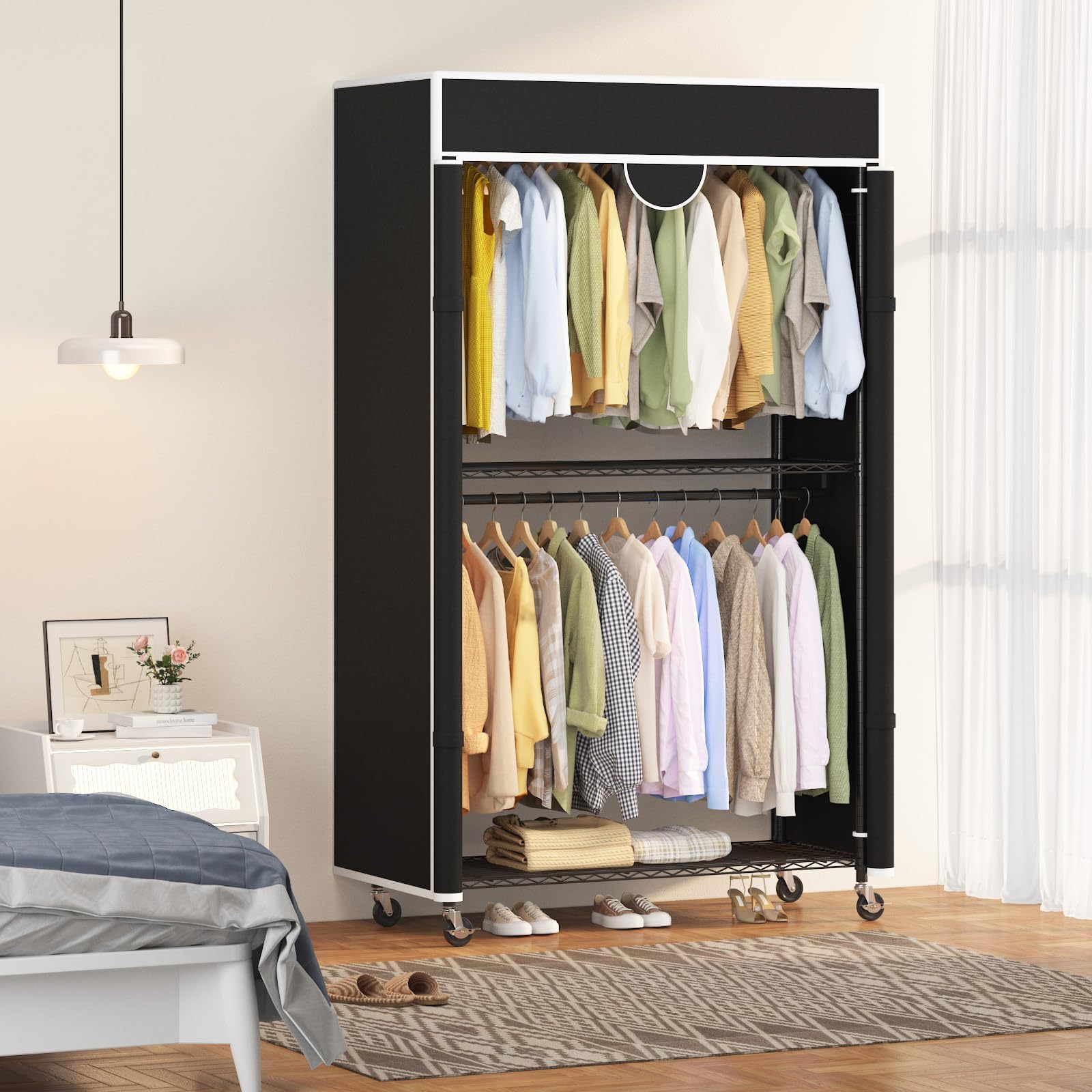 Aptliton Schwerlast Faltschrank Mit Rollen 115x45x202 cm, Kohlenstoffstahl Kleiderschrank Schwarz Freistehend, Stoffschrank Mit Kleiderstange Und 2 Ablagen, Garderobe Hohe Belastbarkeit Metallrahmen
