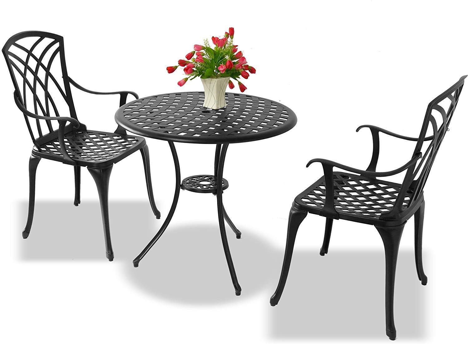 HomeologyOSHOWA Black Cast Aluminium Weatherproof Outdoor Table with 2 Chairs Bistro Set