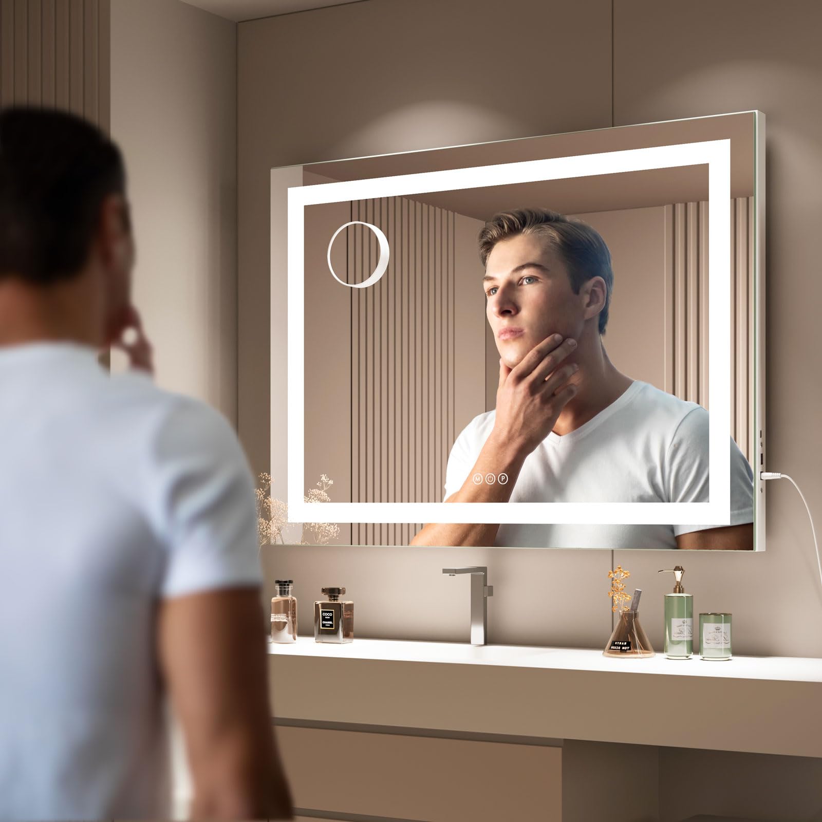 Dripex Specchio da Trucco Illuminato a LED, 80x58 cm (L x H), Controllo Tattile, 3 Modalità di Colore della Luce, Luminosità Regolabile, Include Specchio d'Ingrandimento, da Tavolo o da Parete, Bianco