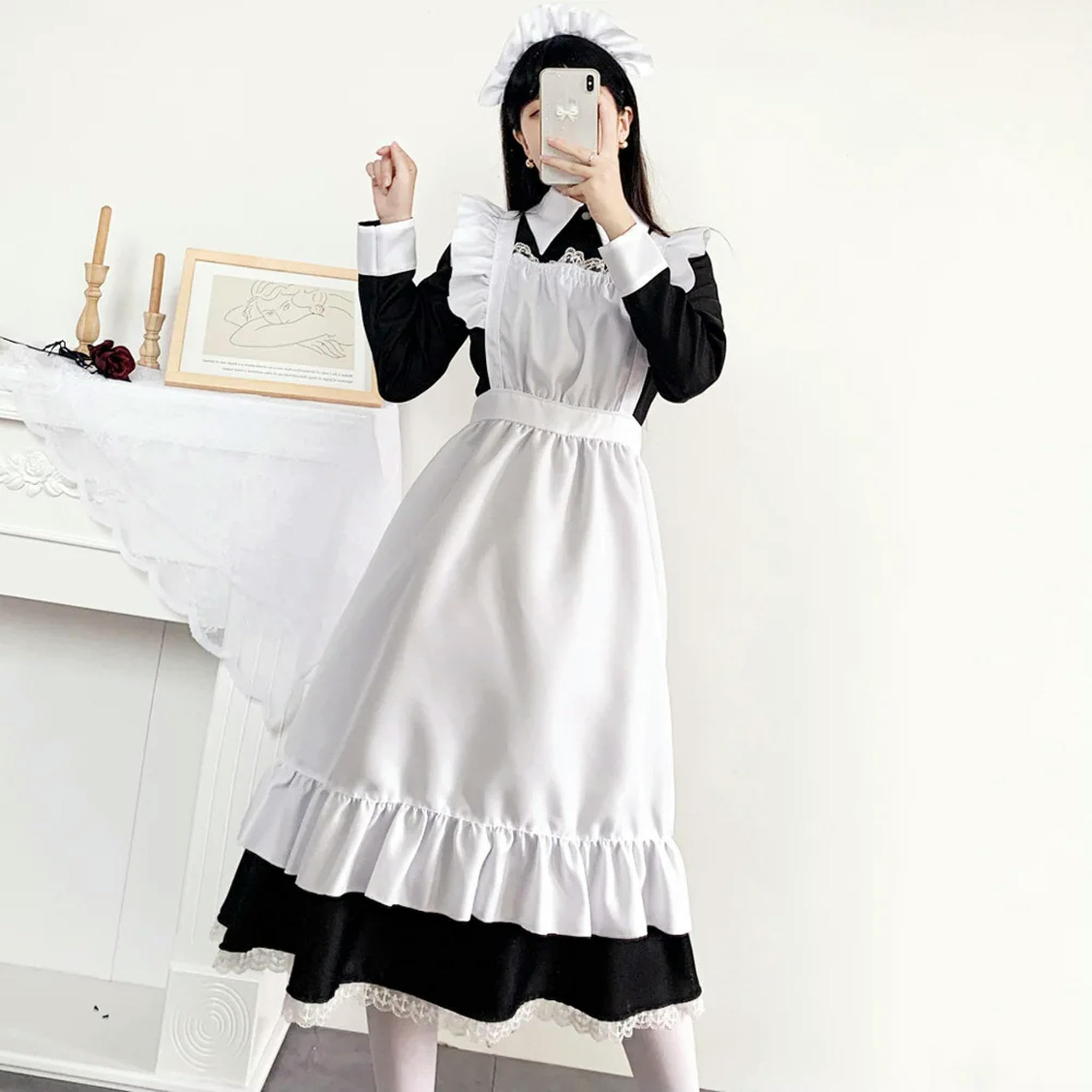 Vestito da Cameriera Carino da Donna, Vestito da Cameriera, Grembiule, Travestimento, da maggiordomo, Uniforme, Manica Lunga, XL