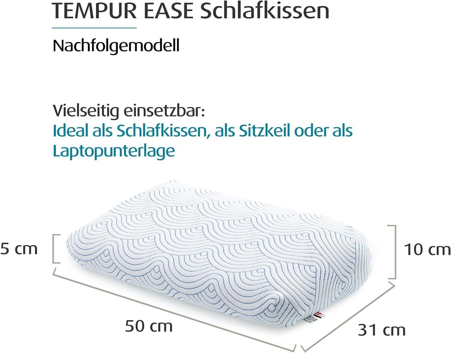 TEMPUR Ease Schlafkissen, Liegegefühl fest, 50 x 31 x 10/5 cm