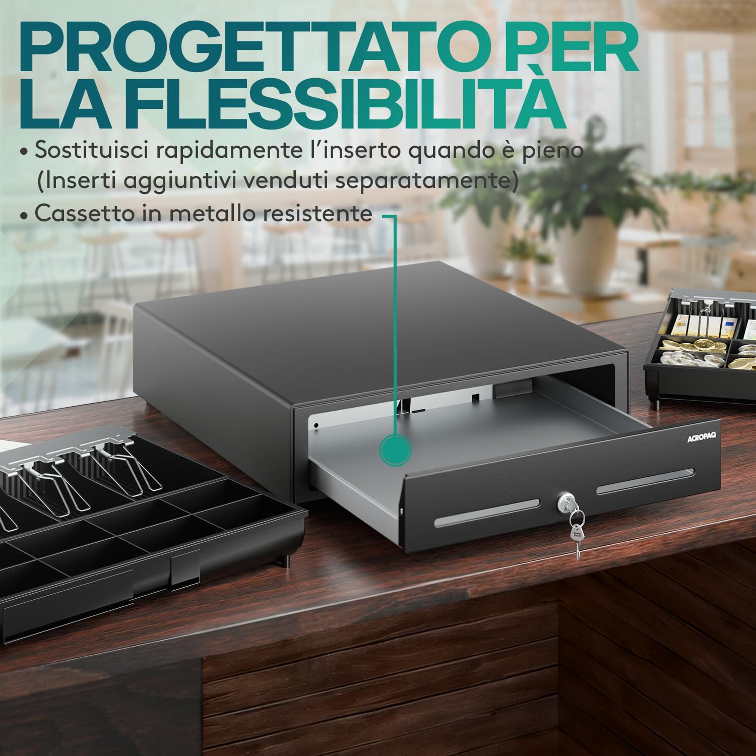 ACROPAQ Cassetto cassa - Compatibile con registratore cassa RJ11, 4 scomparti monete e 8 banconote, Cassetto in metallo con inserto rimovibile, Robusto (42 x 41 x 12 cm) - Cassetto cassa registratore