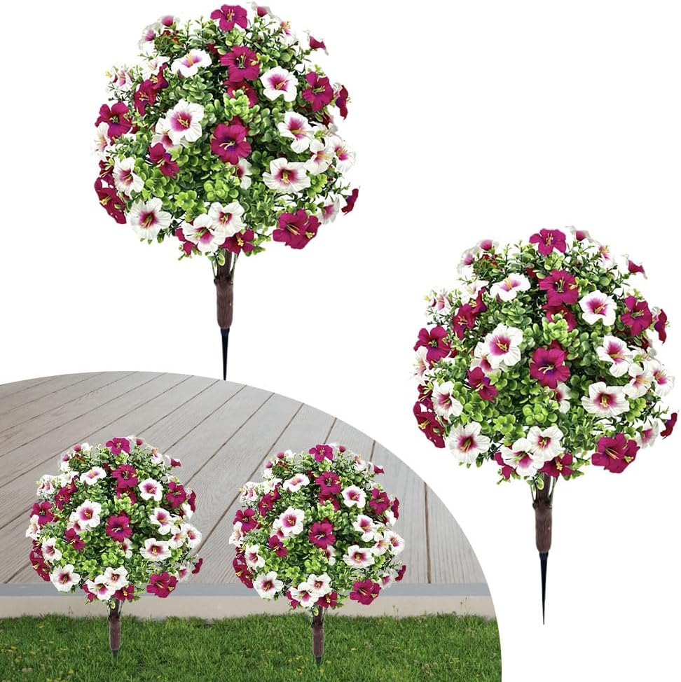 Outdoor Artificial Morning Glory Flowers with Stakes,2 Pcs 23 in UV Resistant Faux Greenery Shrubs,Realistic Fake Morning Glory Bushes Plants,Indoor Outdoor Spring Summer Decoration (White)