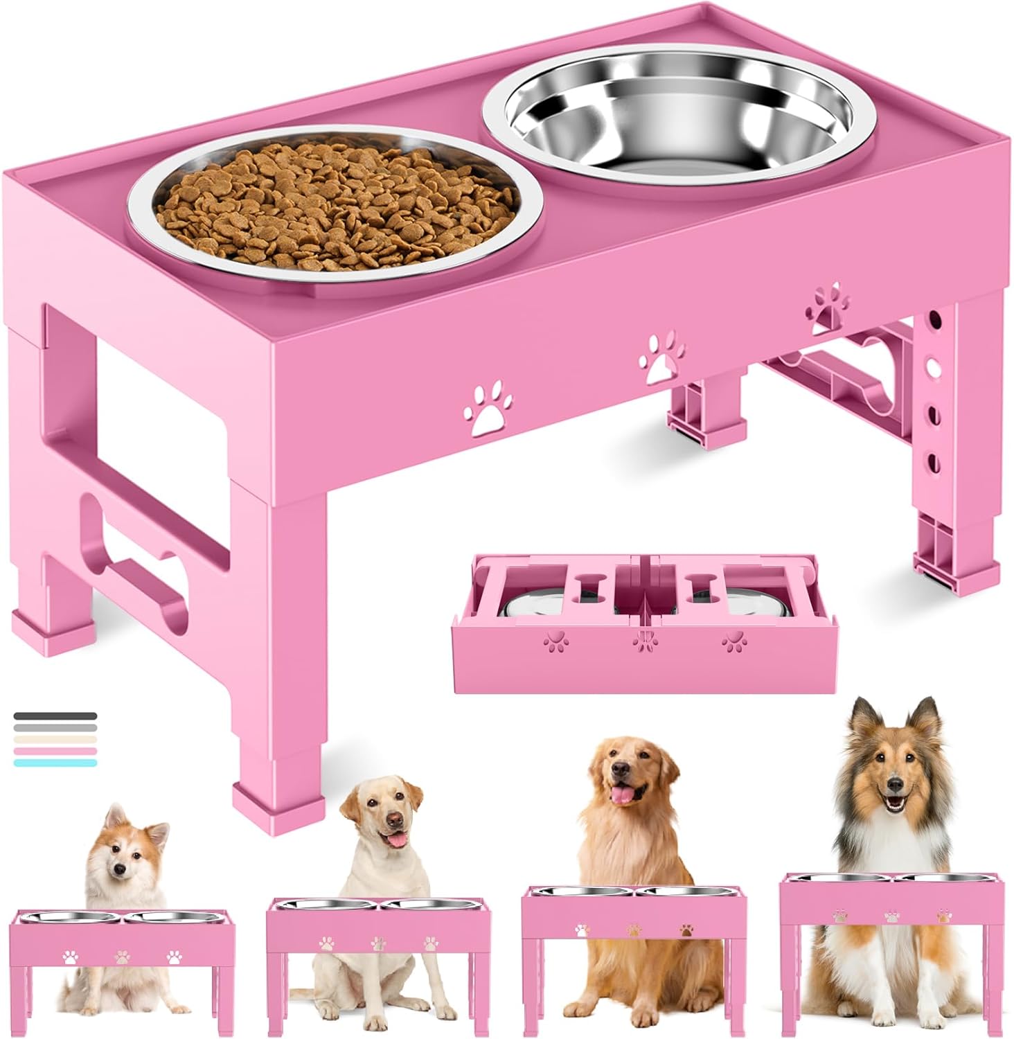 elevated dog bowls with 2 stainless steel bowls, raised dog food bowl stand 5 height adjustable (3.1", 9", 10", 11", 12") non-slip feeder set for medium and large dogs - pink for medium large dogs pink