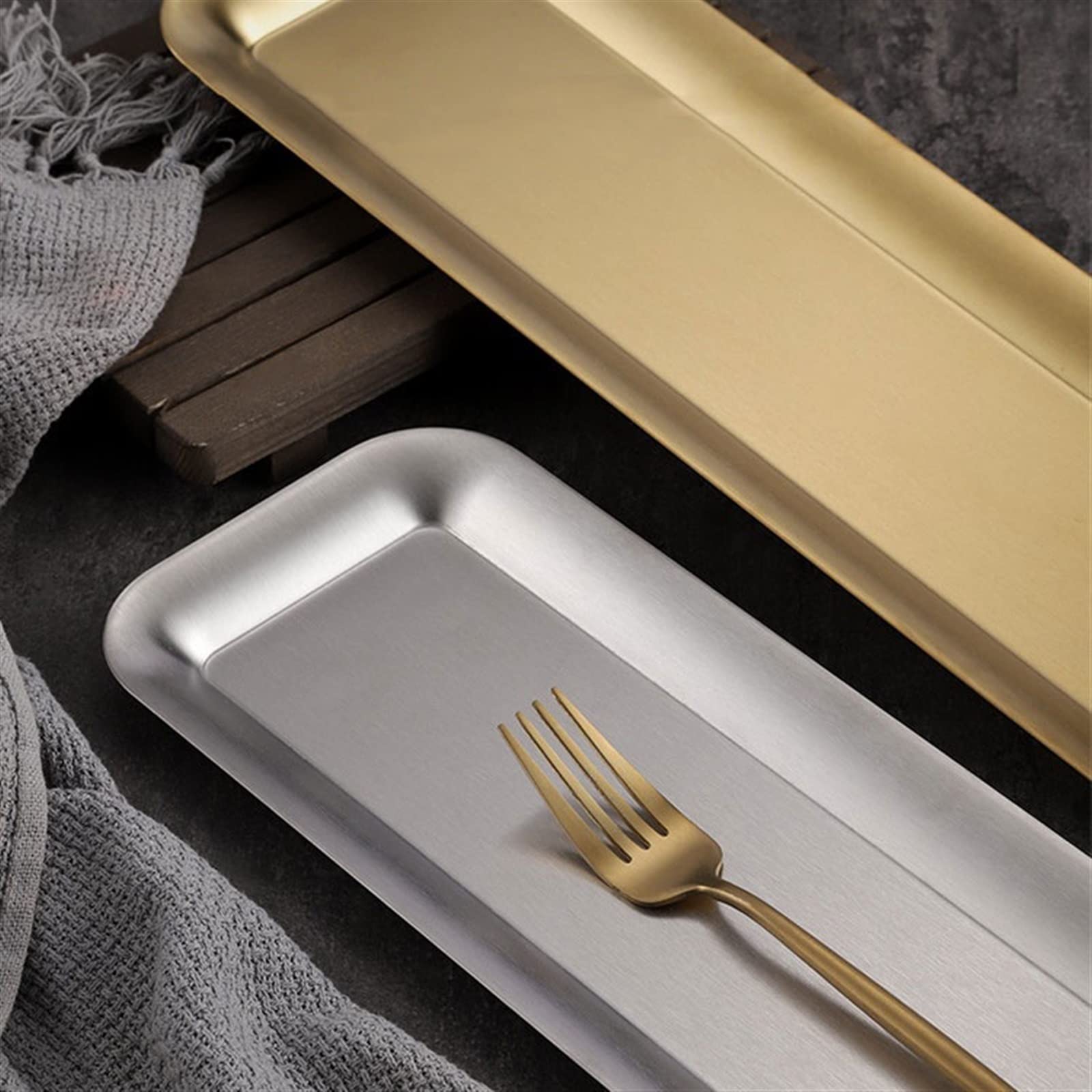 Bandeja Bandeja Decorativa Rectangular de Acero Inoxidable 304 Engrosada Almacenamiento Metal Fondo Plana Servicio Mesa Bandejas para Servir Comida(A)