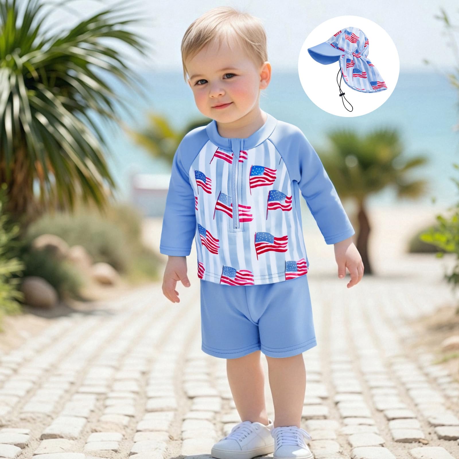 Rash Guard for Boys Toddler Swimsuit Boy Baby Boy Swimsuit American Flag Zipper Boys Bathing Suit Swimwear with Hat(A-Blue Flag,5-6T)