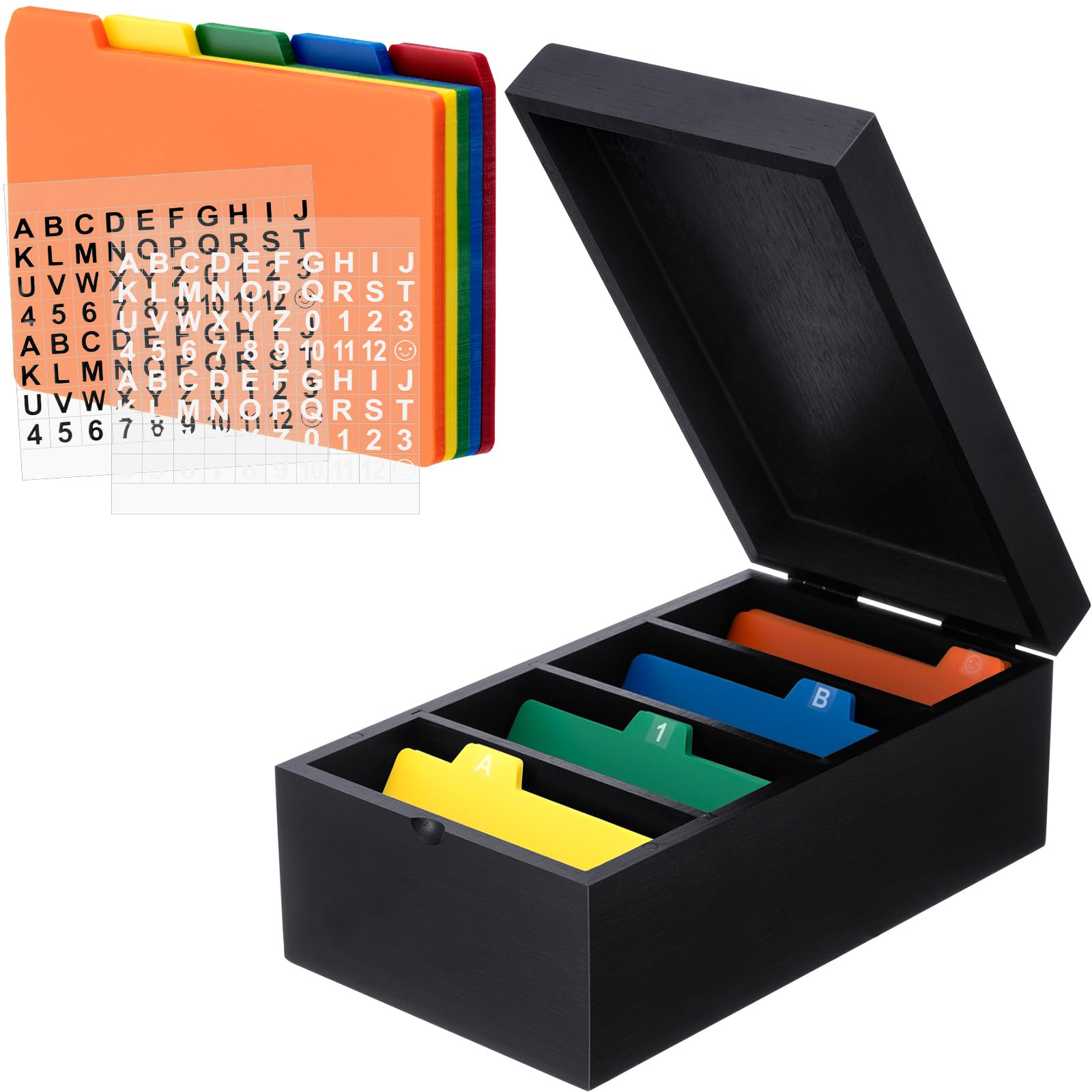 Photo 1 of Henoyso 3 x 5 Inch Index Card Holder Set, Bamboo Organizer Box with 50 Dividers & 2 Sheets Alphabet Number Stickers File Note Holders, Holds 1200 Cards for Office Business Home Kitchen, Black