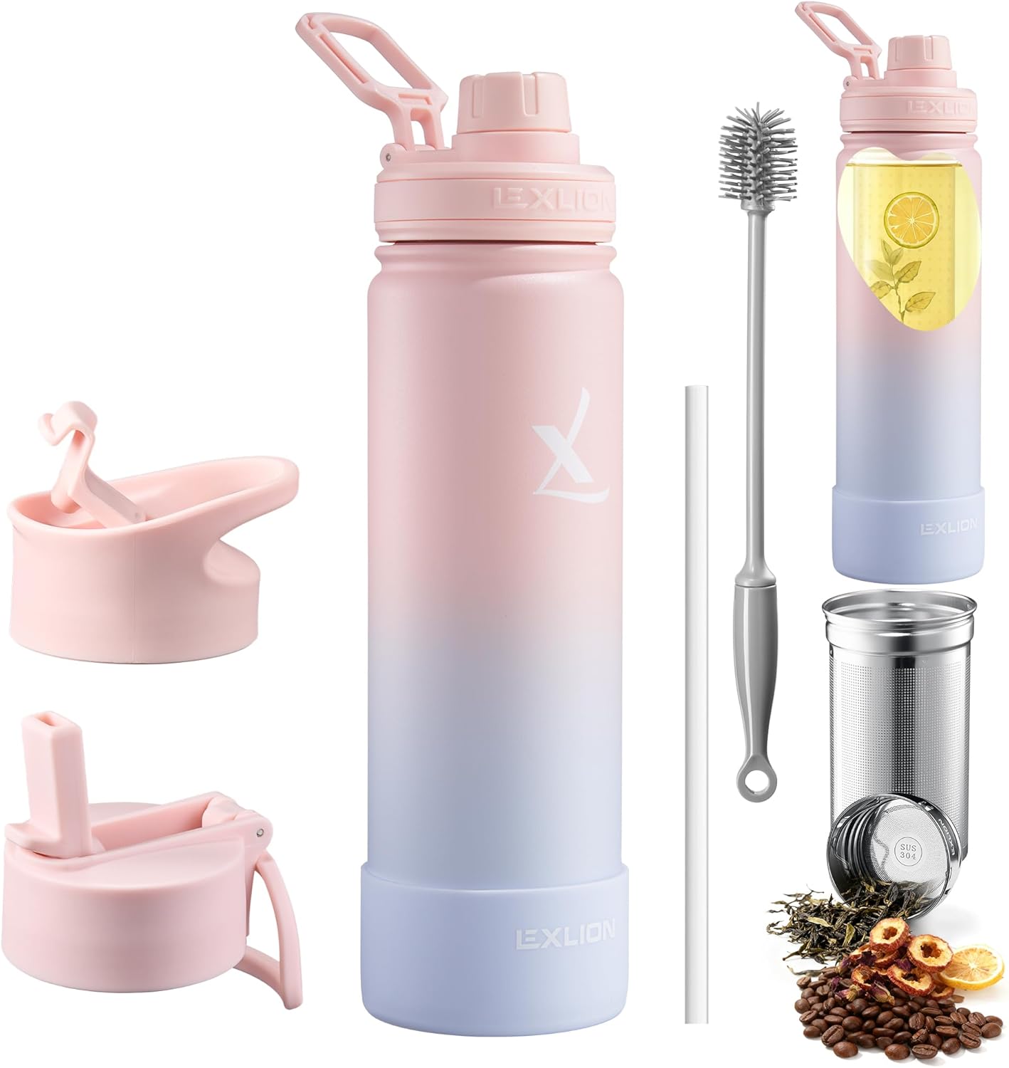 Lexlion Tea Infuser Water Bottle 22 Oz – Triple Wall Insulated Stainless Steel, Loose Leaf & Fruit Strainer, 3 Leakproof Lids, BPA-Free Silicone Sleeve, Reusable Thermal Mug