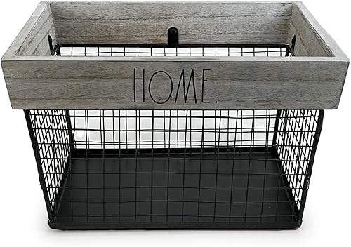 Rae Dunn Cesta de almacenamiento de alambre para el hogar, organizador de metal y madera maciza, contenedor de almacenamiento decorativo en blanco y