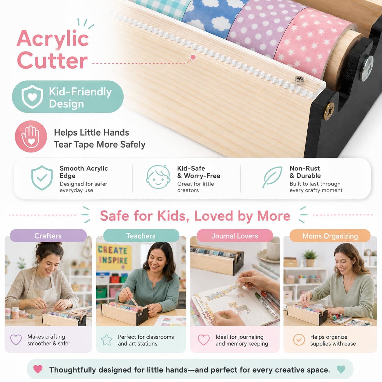 Dispenser di nastro adesivo Washi in legno con taglierino, supporto organizer per artigianato per bambini