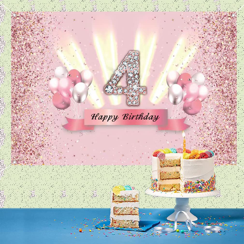 Happy 4th Birthday Stoff-Banner (150x90 Cm) – Rosafarbener Fotohintergrund Mit Glitzer Für Mädchen-Geburtstagsdeko, Wand- Oder Tischdekoration
