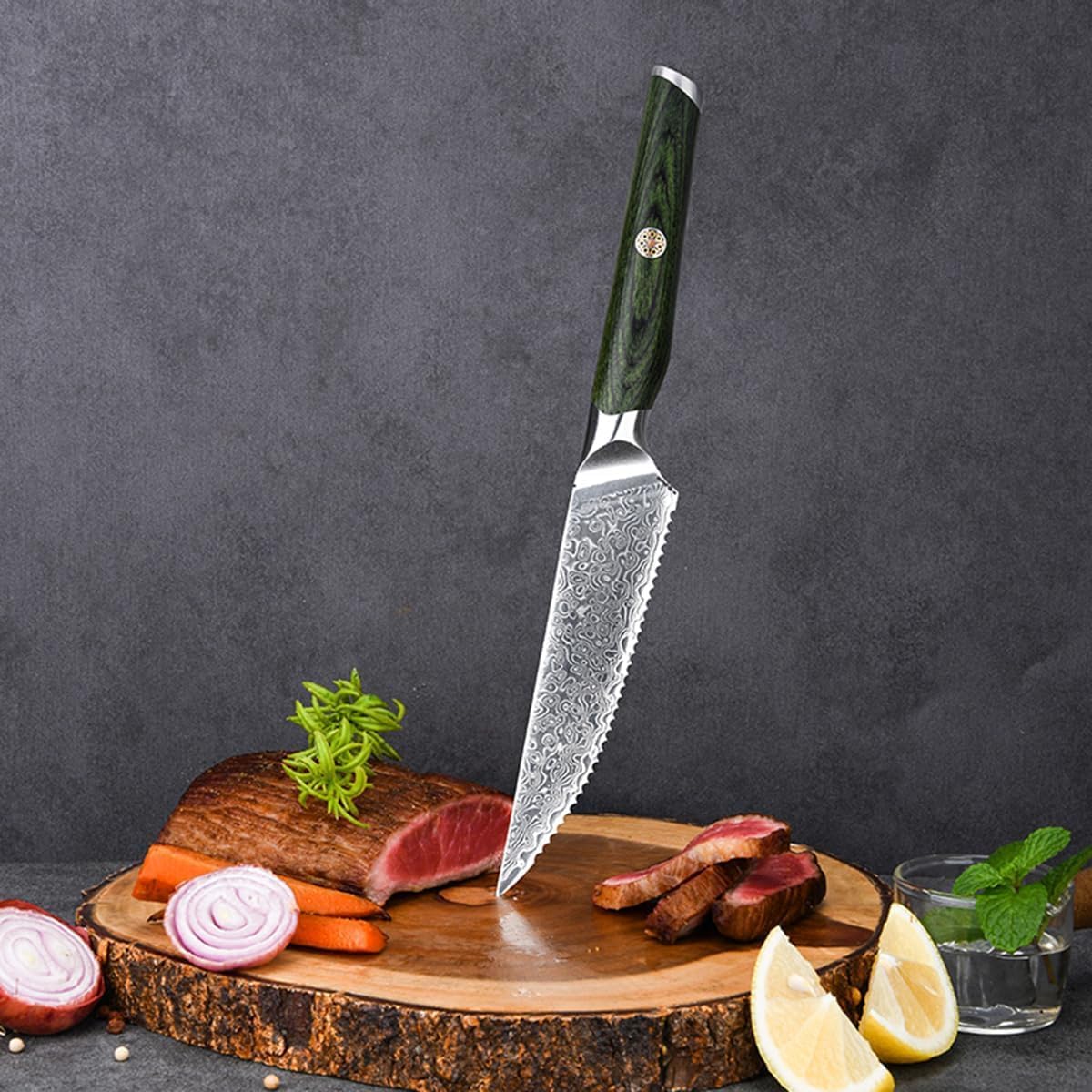 Damascus Steak Knife Set of 6, Steak Knife Set 4.5-Inch Serrated Sharp Full Cut Design, Rust Resistant 67-Layer Steel Kitchen Steak Knife,Ideal for Home Restaurant Party