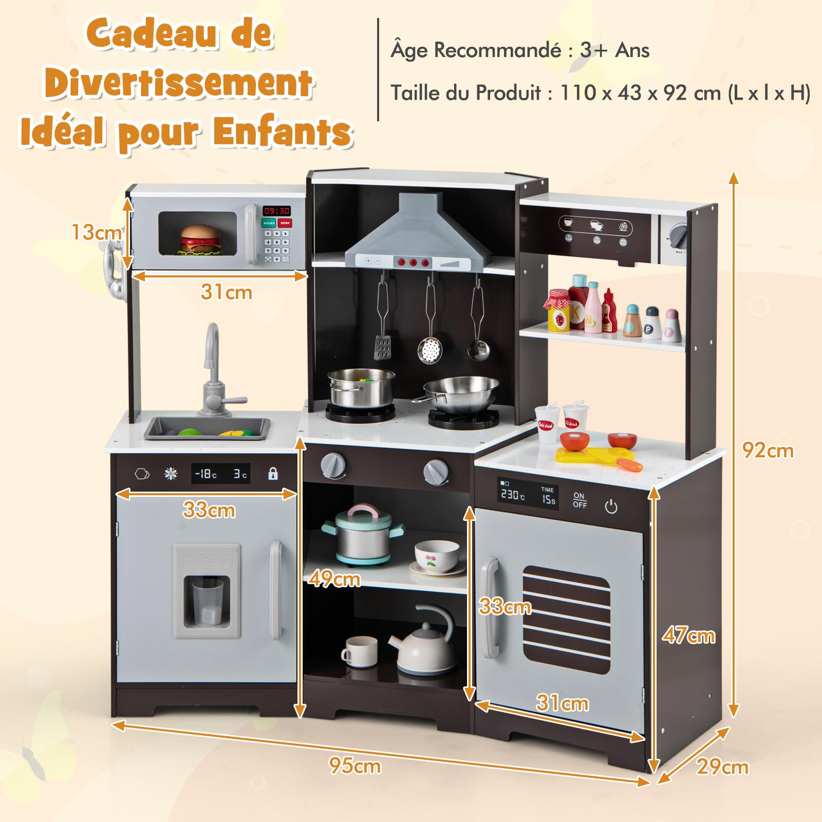 COSTWAY Cuisine Enfant en Bois avec Effets Sonores & Lumières Réels, Jeu de Cuisine avec Micro-Ondes & Cafetière, Machine à Glaçons & Armoires, Jeu d'Imitation pour Garçon Fille de 3 Ans+ (Marron)