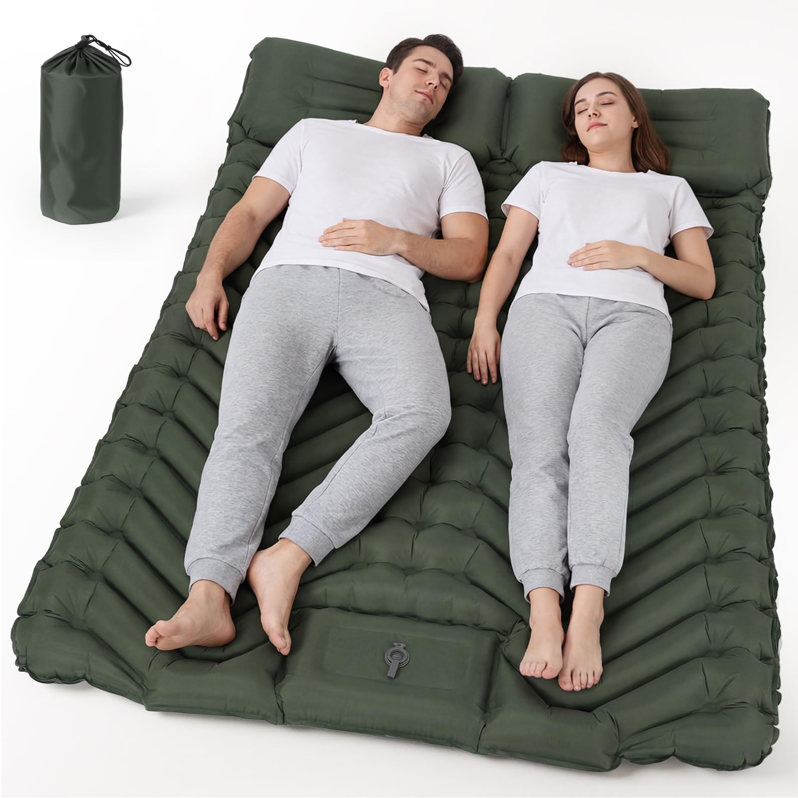 HAUSPROFI Tapis de Camping Isotherme Double, Matelas pneumatique de Camping ultraléger pour 2 Personnes avec Pompe à Pied et Oreiller, Matelas Gonflable Compact et léger, Tapis de Camping, Vert