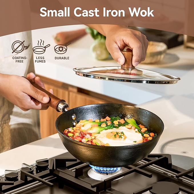 Wok de hierro fundido WANGYUANJI 9.5 pulgadas con tapa miniatura 6