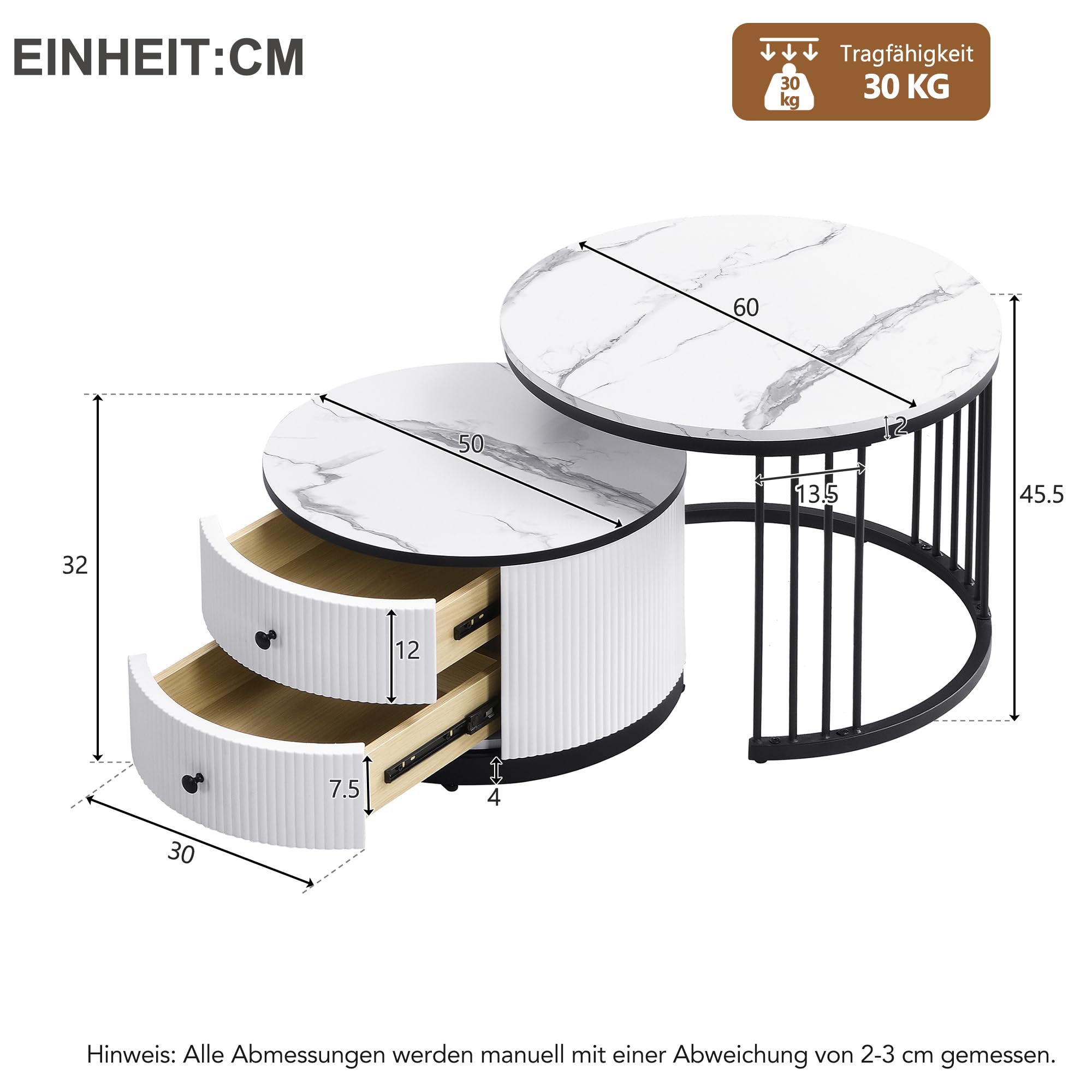 Merax Rund Couchtisch Set, 2-in-1 Beistelltisch Satztisch 2er Modern Elegant Wohnzimmertisch mit Stauraum, Nesting-Kombination, mit hochglänzender Marmoroptik/2 Schubladen, für Wohnzimmer Büro(Weiß