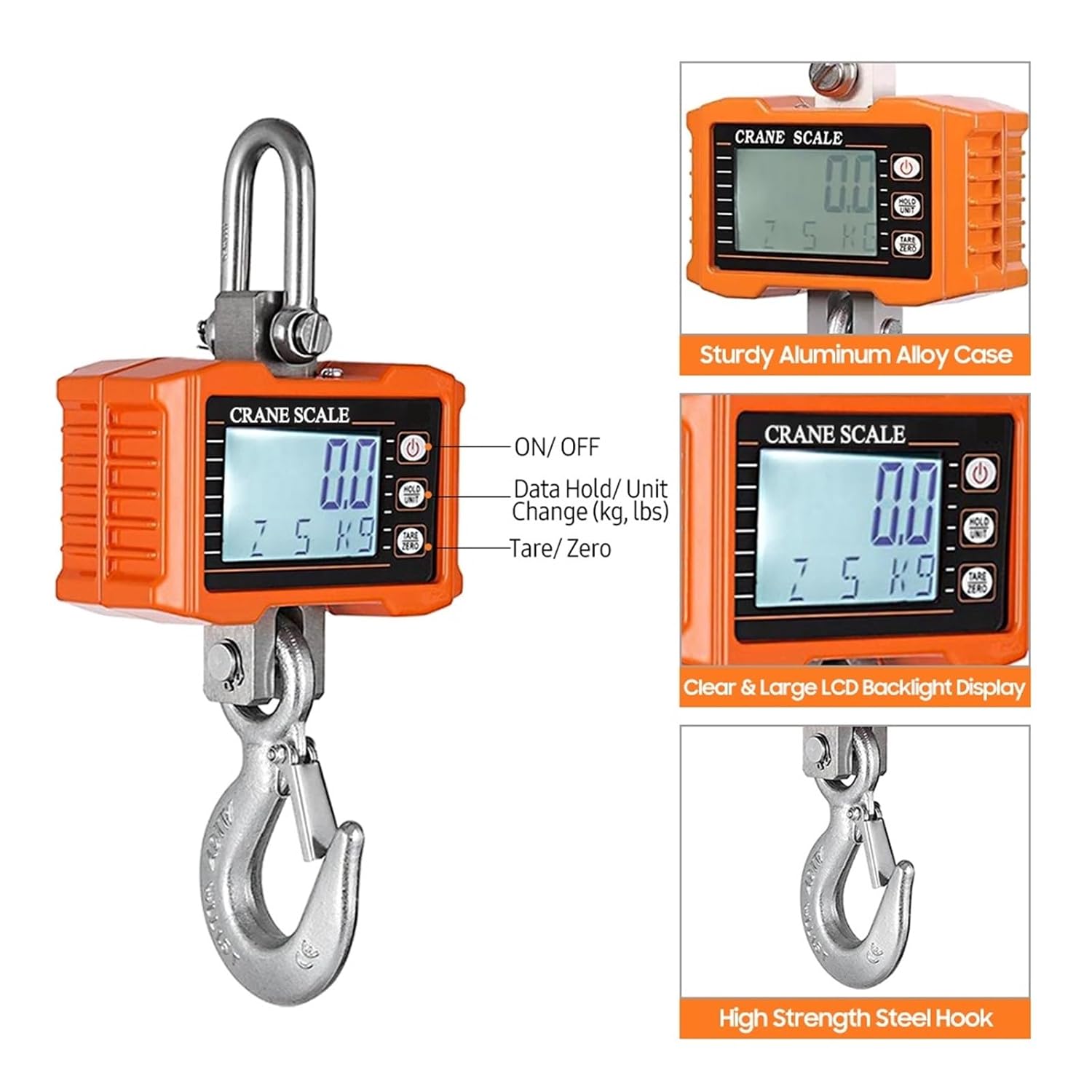 Crane Scale, Digital Hanging Scale 1000kg/ 2204lbs Heavy Duty Crane LCD Backlight Industrial Hook Scales Unit for Construction Site,Convenient Operation