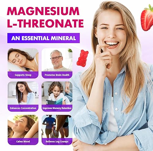 Miniatura 3 de Gomitas de magnesio L-treonato de 1000 mg para niños y adultos, apoyo muscular y sistema nervioso, vegano, sabor fresa sin azúcar, 120 gomitas