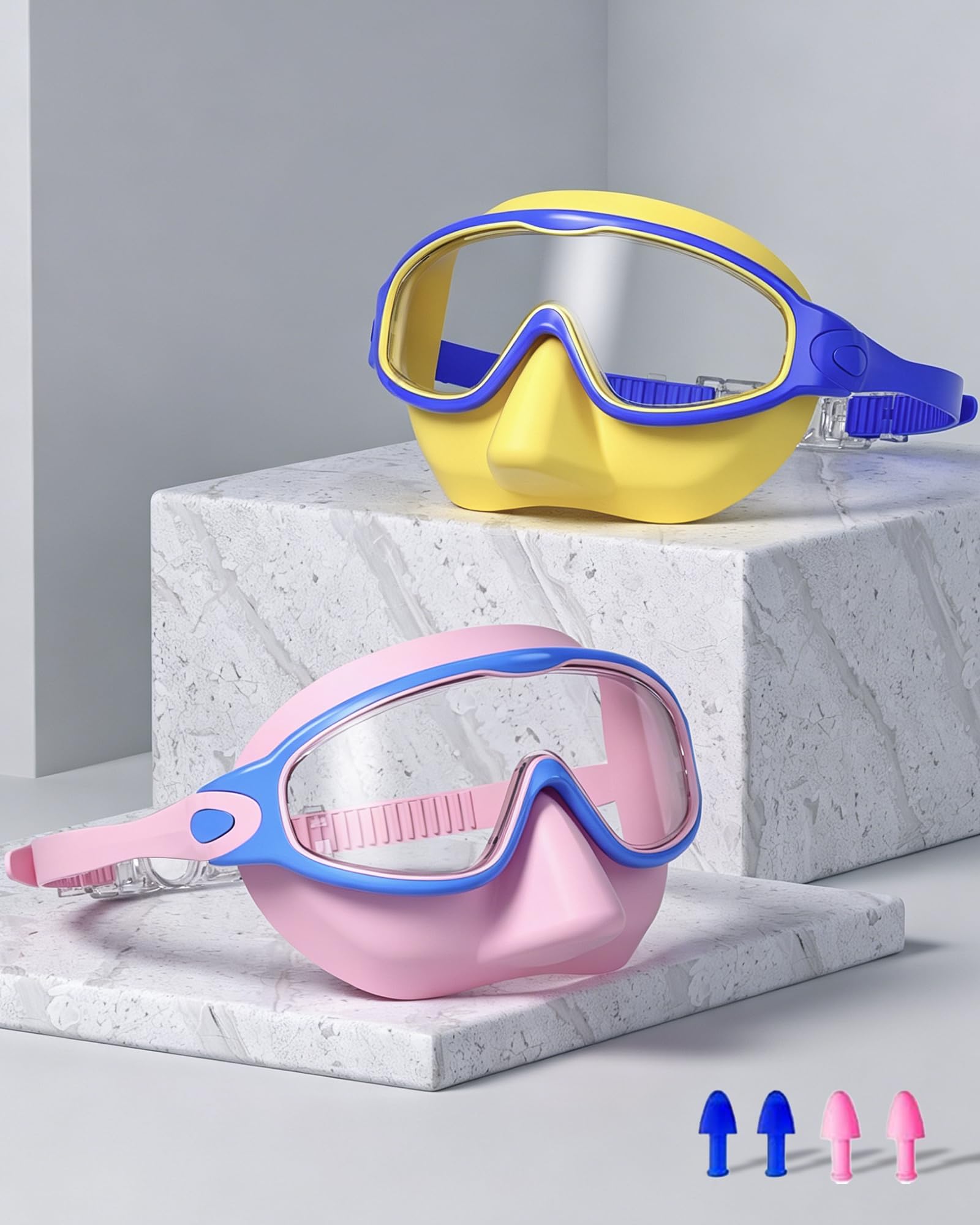 Occhialini da nuoto per bambini dai 3 ai 15 anni, con tappi per le orecchie, montatura grande, anti-appannamento/UV, con naselli, occhialini da nuoto per ragazzi e ragazze, 2 pezzi (blu