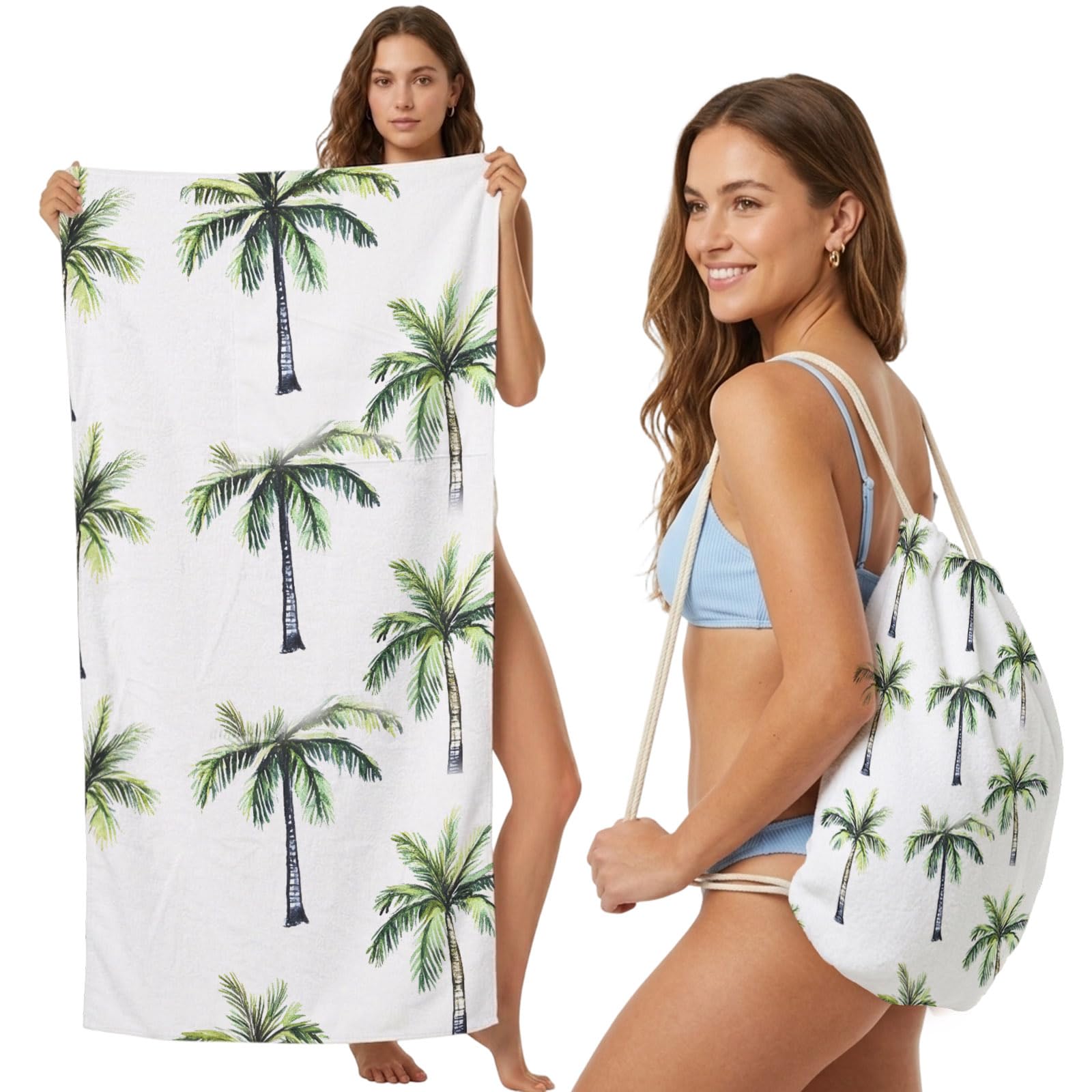 FWJZDSP Beach Towel Backpack Convertible Coconut Tree Sand Free Quick Dry Towel Bag Tropical Beach Towel with Adjustable Straps for Travel Swimming Pool Beach Accessories 31.5x63in