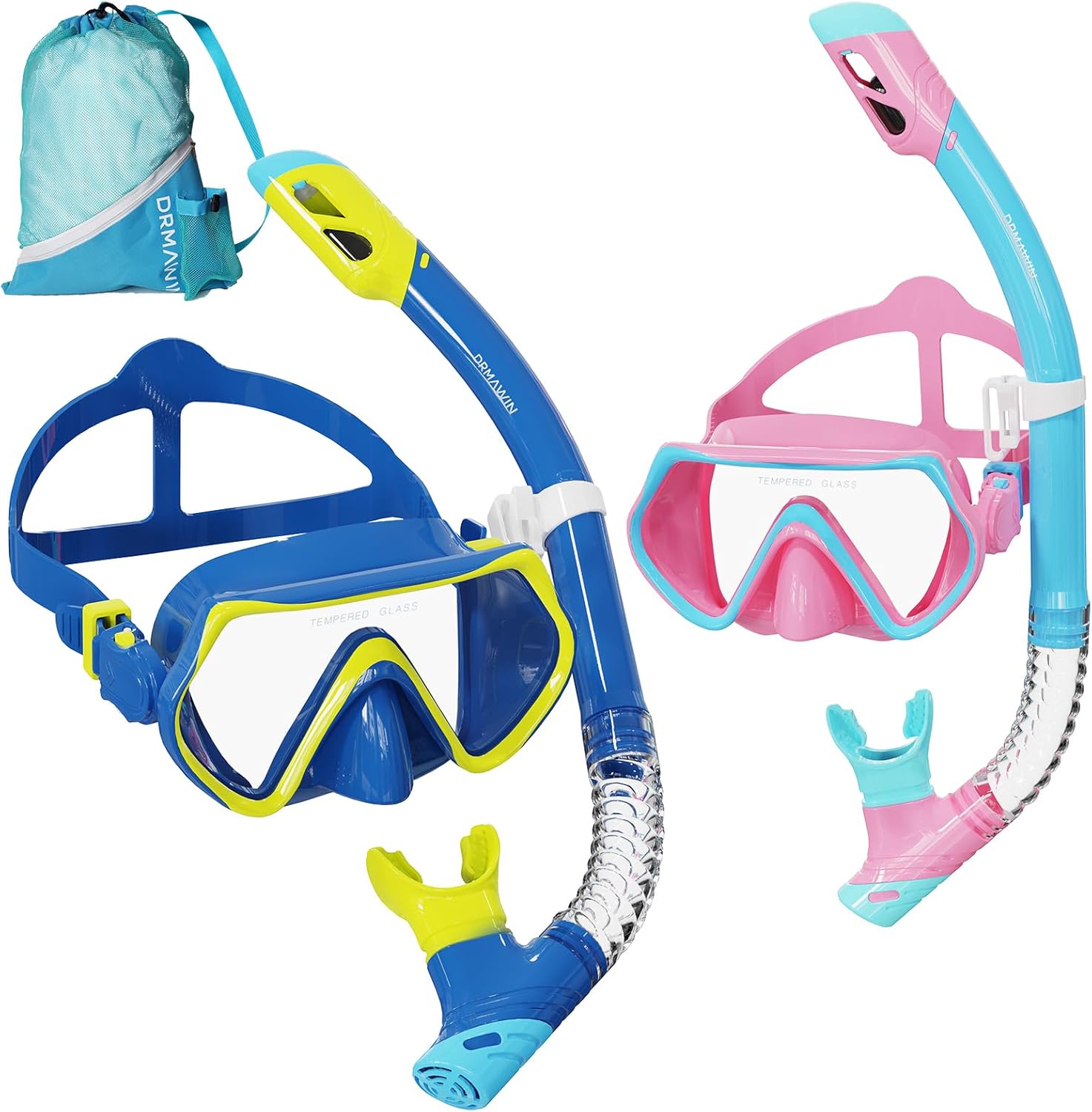 DRMAWIN Snorkeling Gear for Adults & Kids, Dry-Top Snorkel Set with 180° Tempered Glass Mask, Anti-Fog Anti-Leak, Travel Mesh Gear Bag