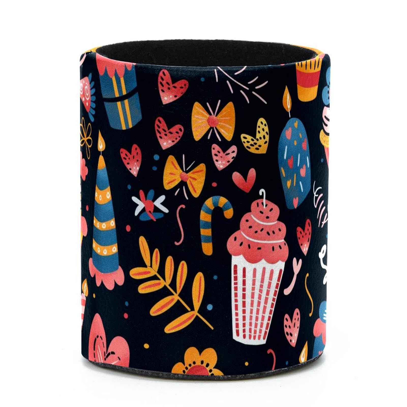 VAPOKF Round Pencil Holders for Desk, Birthday Cake Print Pen Holders Pen Pot Makeup Brushes Storage Desktop Stationery Supplies Organiser for Home Office