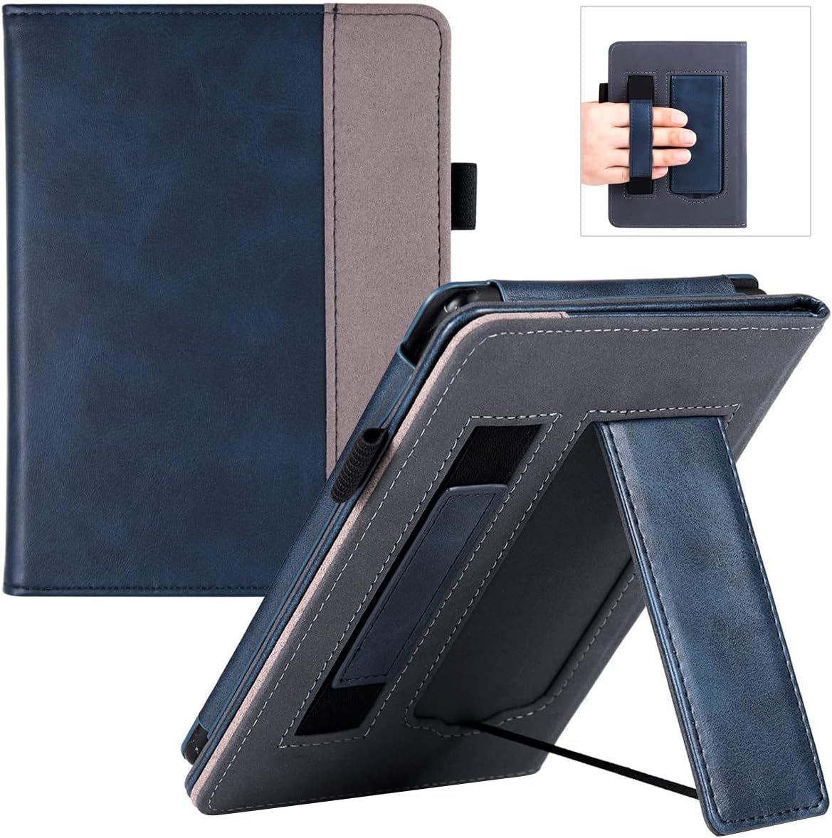 BOZHUORUI Stand Case for 6" Kindle Paperwhite 5th/6th/7th/10th Generation e-Reader (2012-2018 Release) - Lightweight PU Leather Protective Cover with Hand Strap & Auto Sleep/Wake (Dark Blue)