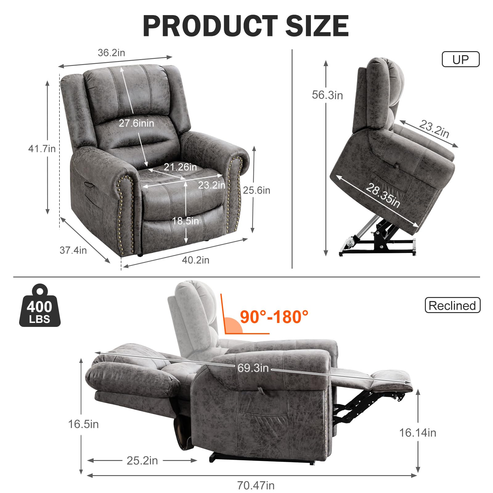 SELLERWE Power Recliner Lift Lay Flat Dual Motor Chair with Massage and Heat for Elderly, Breathable Leather Overstuffed Lift Chairs, Infinite Position Recliner Chairs for Sleeping, 2PCS, Grey