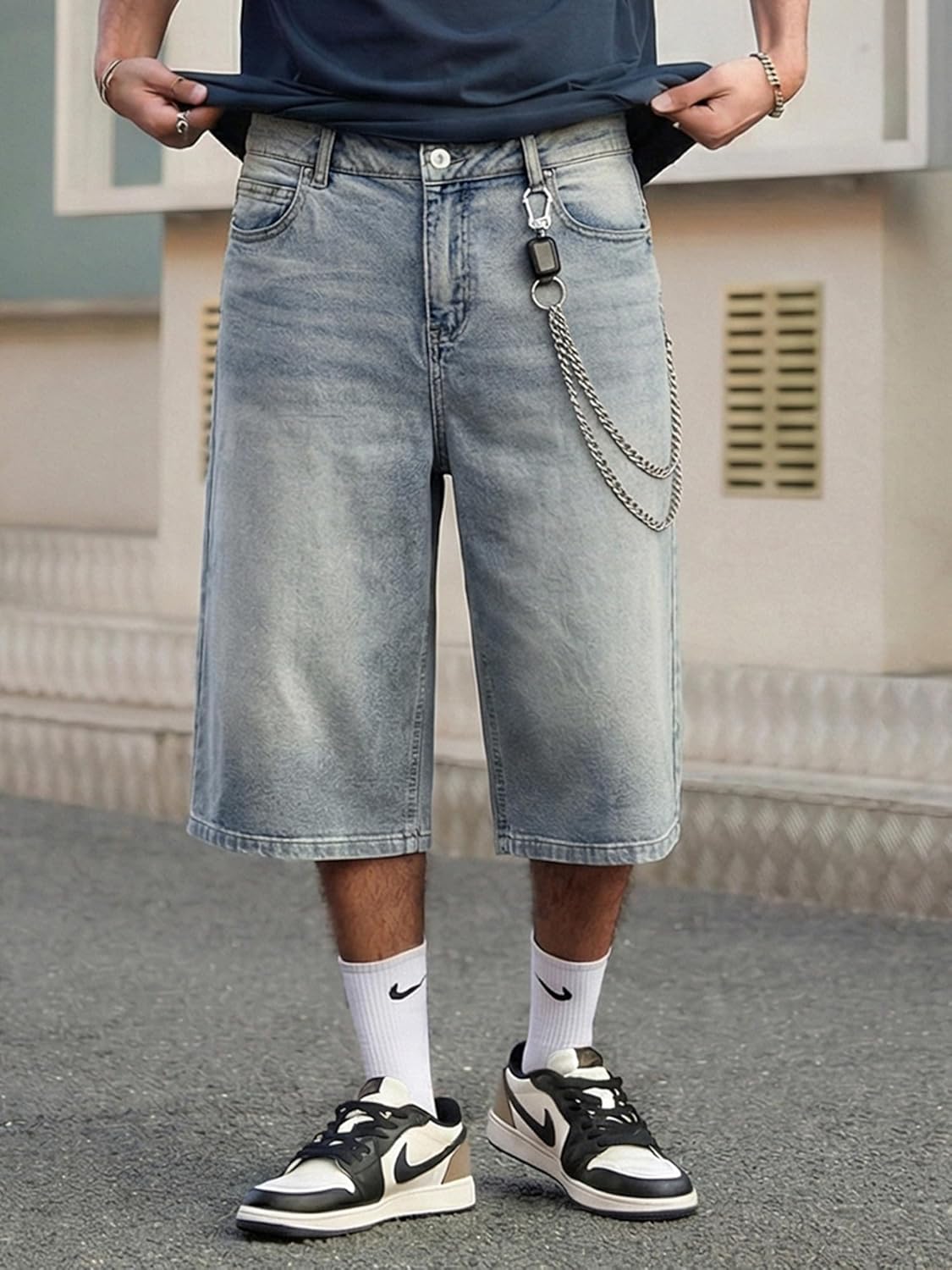 JMIERR Mens Baggy Jeans Wide Leg Loose Fit Denim Shorts Streetwear Below Knee Jorts - Image 8