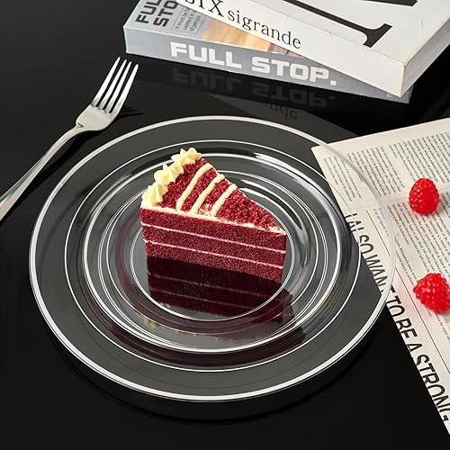 Miniatura 5 de FOCUSLINE 100 platos de plástico plateado transparente de 7 pulgadas, platos desechables resistentes con borde plateado, platos de plástico duro de