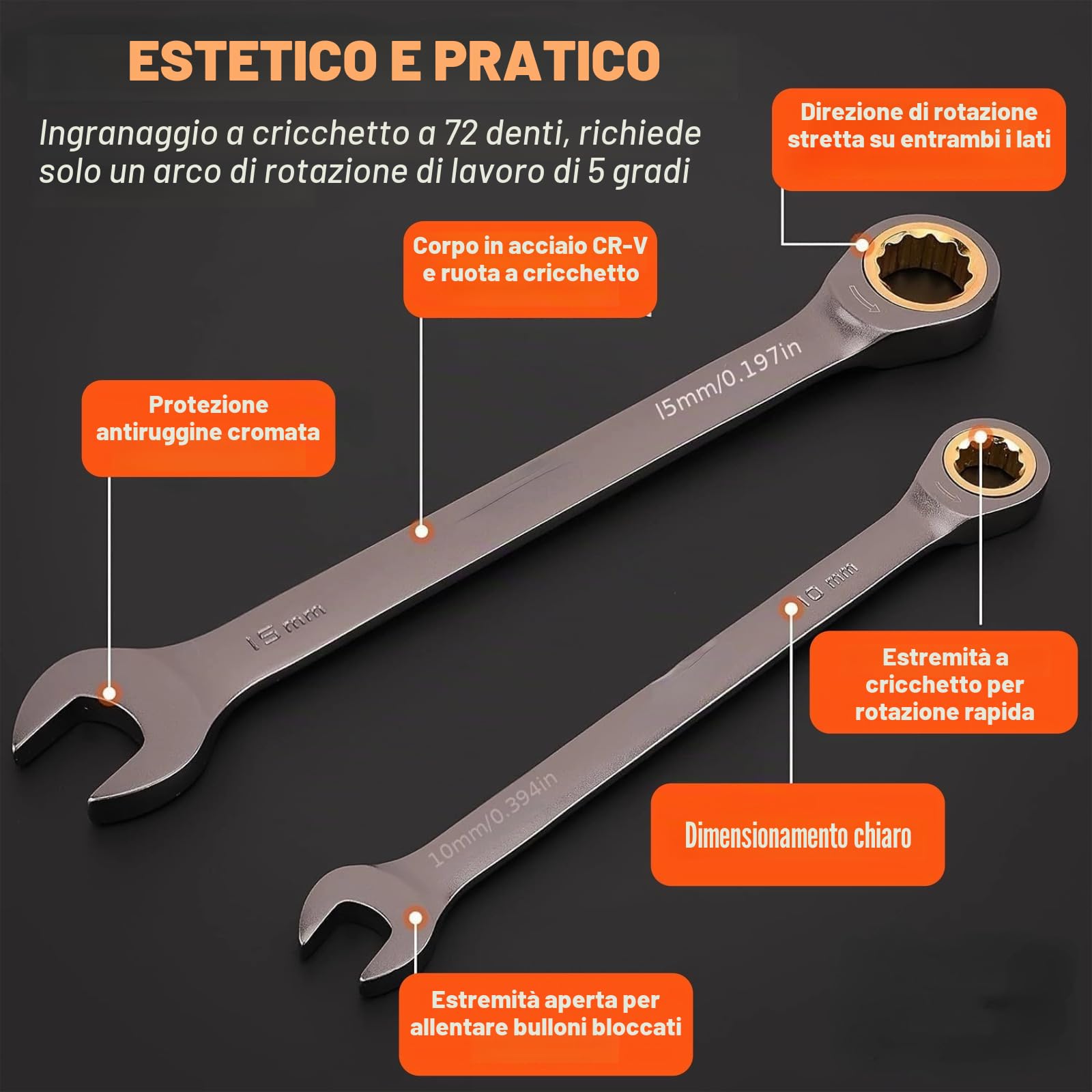 Set di 12 chiavi a cricchetto con 72 denti, 8-19mm, chiavi a cricchetto metriche con testa fissa, set di chiavi a cricchetto in acciaio Cr-V, strumento professionale per auto e casa