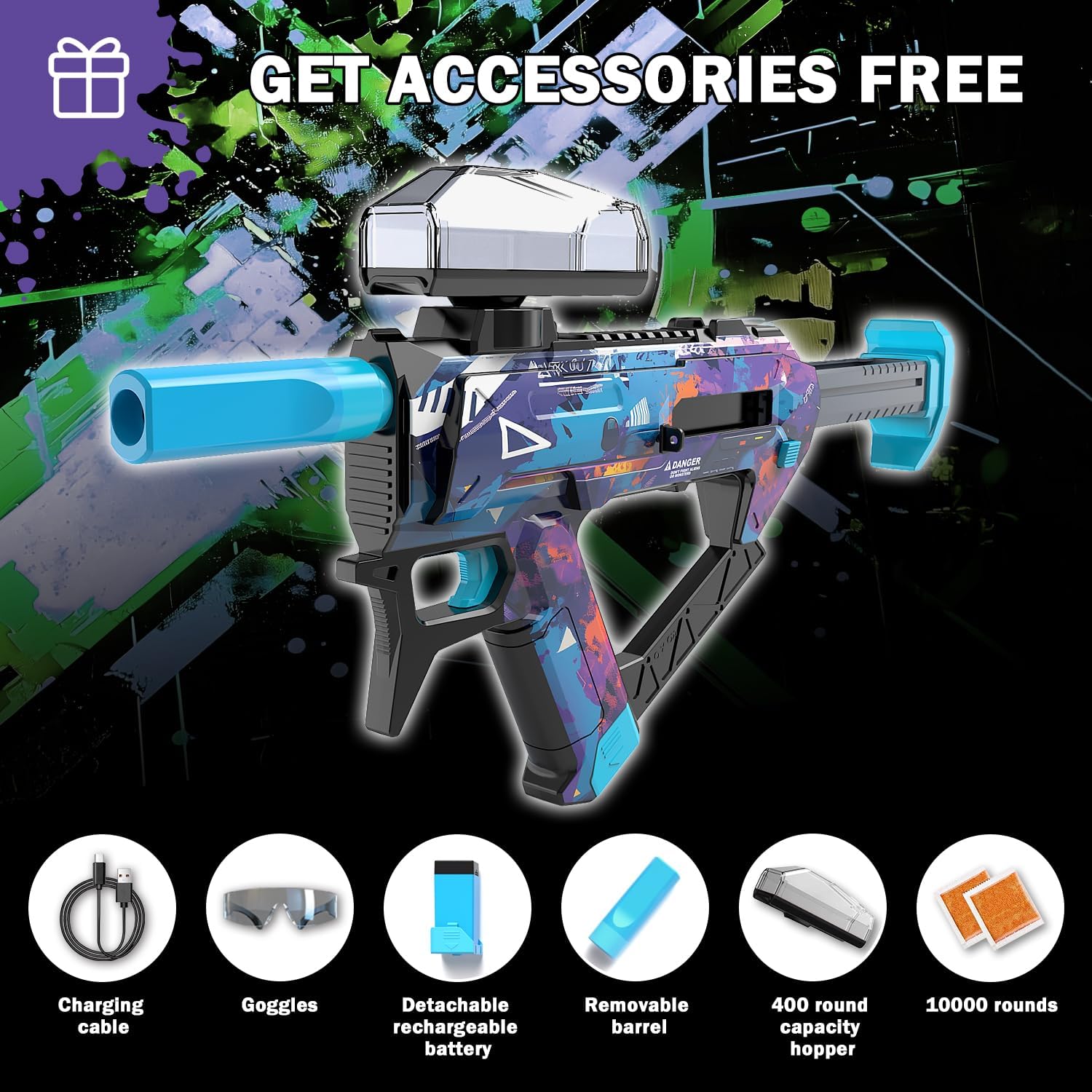 Electric Gel Ball Blaster, Automatic Splatter Ball Blaster with Adjustable Shooting Power, 10000 Gel Rounds, 400 Round Hopper with Rechargeable Battery,Outside Activities Toys for Teens Age 14 & Up