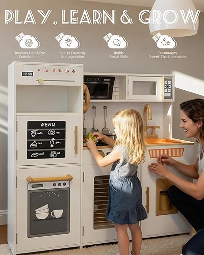 Miniatura 5 de YUG Juego de cocina para niños con luces y sonidos reales, incluye estufa, horno, lavavajillas, máquina de hielo, juguete de cocina para niños y