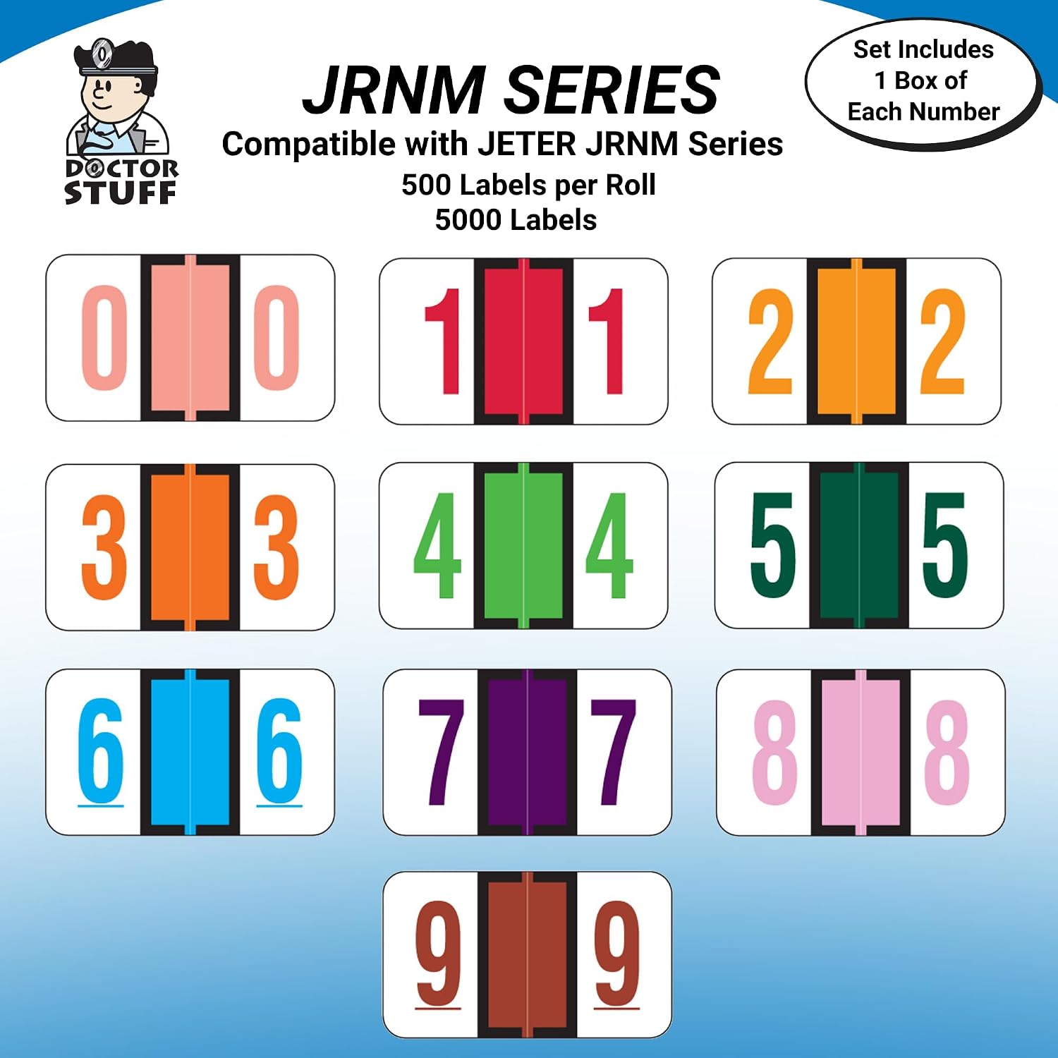 Doctor Stuff - File Folder Labels, Complete Set of Numbers 0-9, Jeter 6100 Match - JRNM Series Chart Stickers, 15/16" x 1-5/8", 1 Each of 10 Rolls, 500/Roll