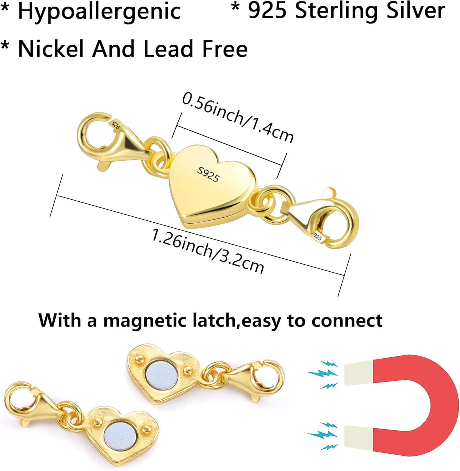 14K Gold Heart Magnetic Necklace Clasps and Closures 925 Sterling Silver Double Lobster Clasp Magnetic Jewelry Clasps for Necklaces - Image 3