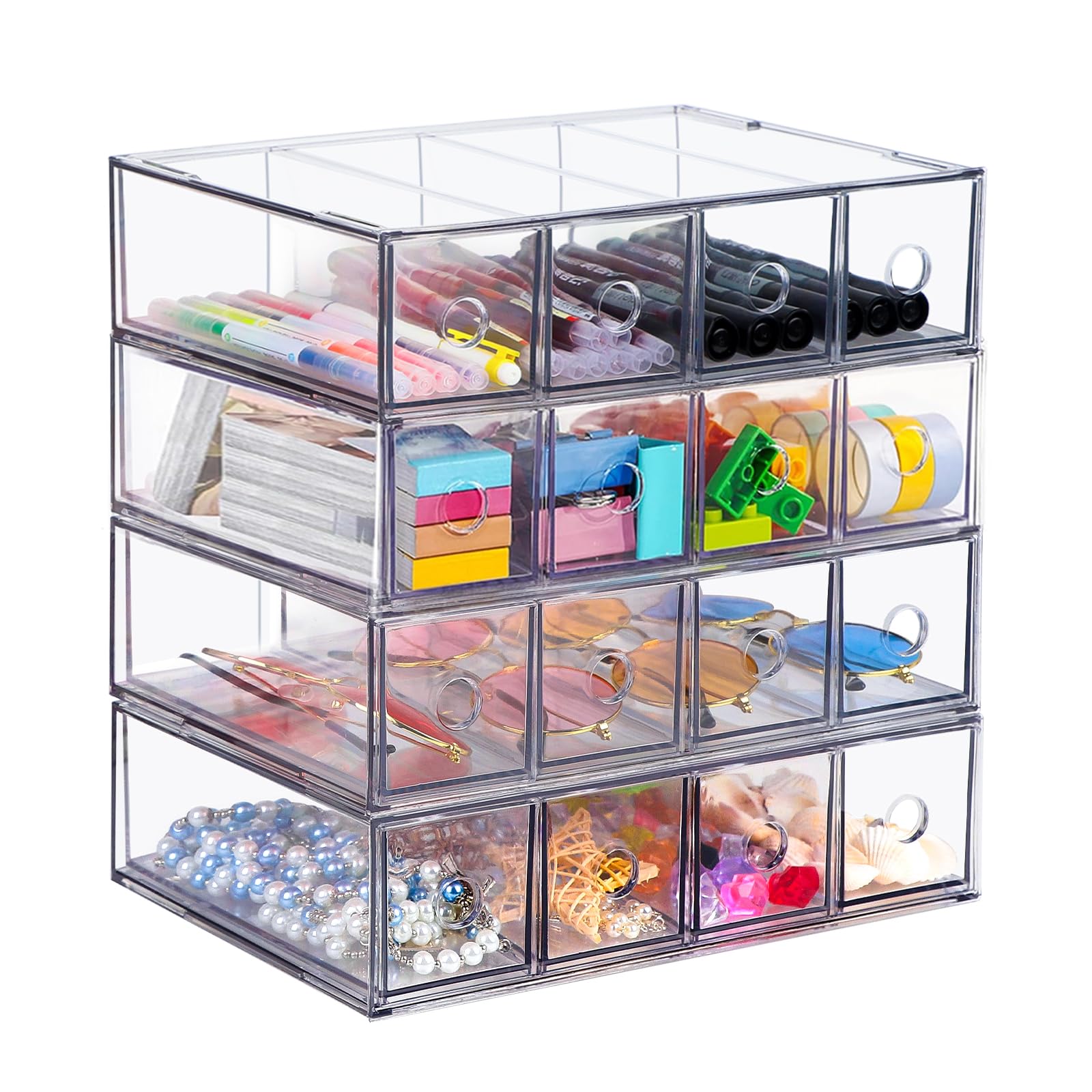 4 Stück Schubladenorganizer mit 16 Fächern Schubladenbox Stapelbar Schreibtisch-Organizer mit Herausnehmbarer Schublade Aufbewahrungsbox Multifunktion für Schreibwaren, Mark, Büro,Sonnenbrille