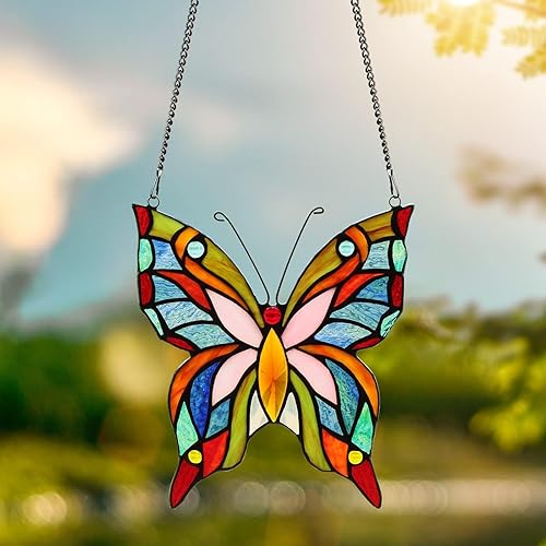 Miniatura 2 de Kleeglee Colgantes de ventana de vidrieras de mariposa, hecho a mano, atrapasoles con mariposas y vidrieras para decoración de ventanas (rosa)
