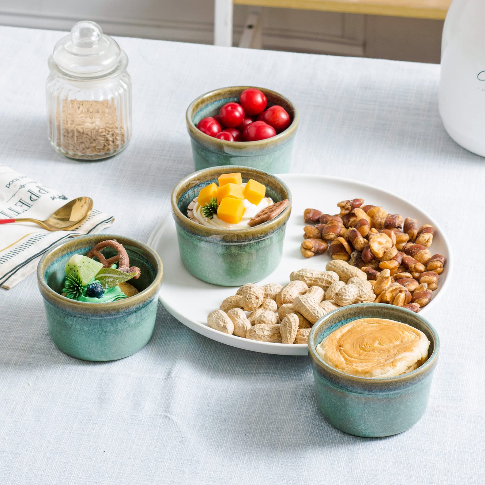 Lot de 4 Moules à Soufflé, 240 mL Ramequins Rond, Bol à Sauce Tapas, Moules pour Pudding, Creme Brulee, Bol à Dessert, Four et Micro-onde Convient (Vert Cristal)