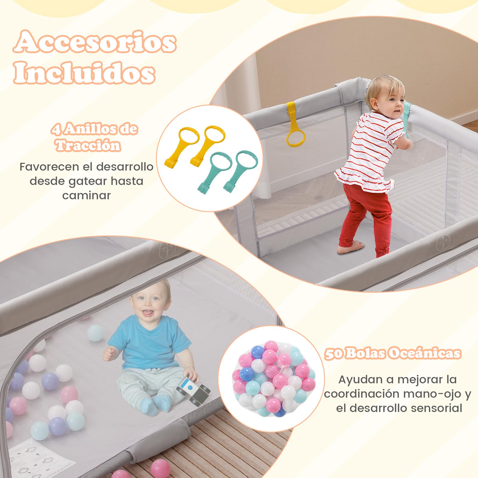 COSTWAY Parque Infantil Bebé 127 x 127 x 72,5 cm, Parque de Juegos Plegable con 50 Bolas Oceánicas y 4 Agarraderas, Corralito con Puerta con Cremallera y Pared de Malla para Bebé de 0-3 Años (Gris)