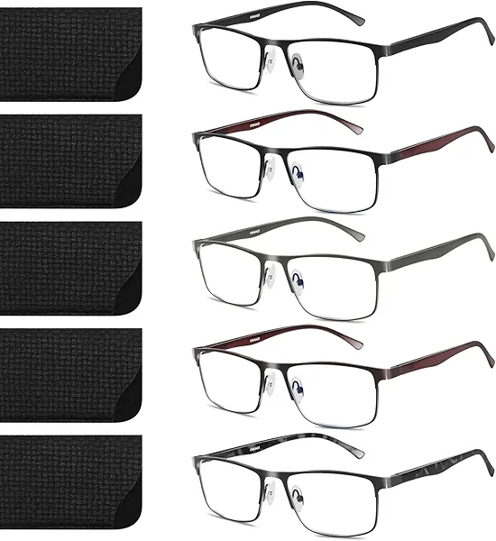 ORANZI 5 pack Business Style Reading Glasses Men - Blue Light Blocking Metal Frame Spring Hinge Durable Readers for Men Women
