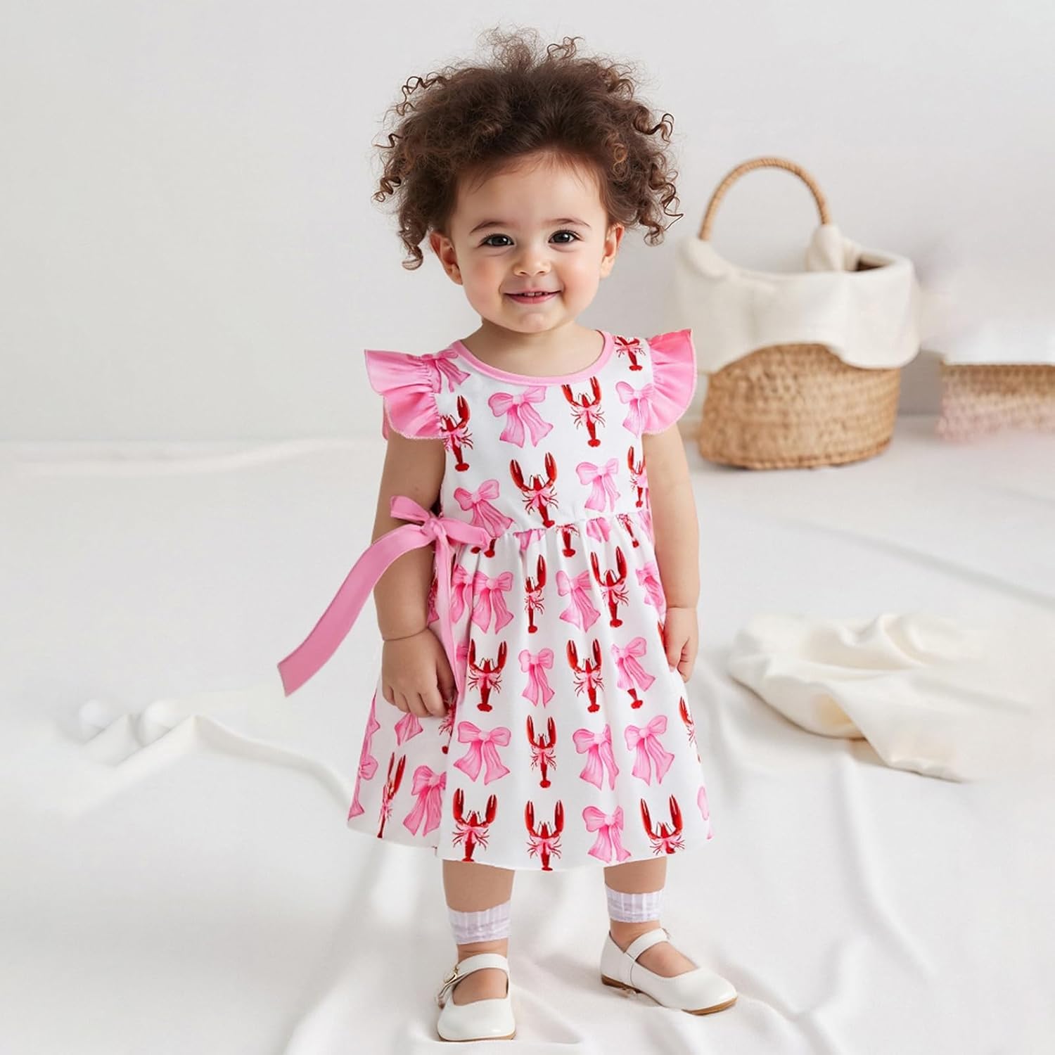 Toddler Baby Girl Summer Outfit Fly Sleeve Crew Neck Bow Crawfish Print Dress Infant A-line Party Lobster Dresses - Image 3