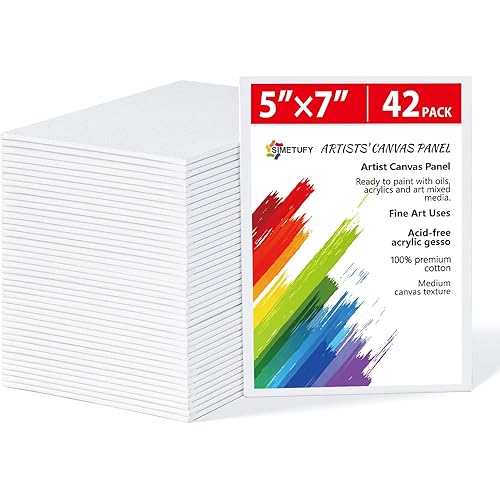Simetufy 42 Pack 5x7 Inch Small Canvas Boards for Painting, 8oz Pre-Primed Flat Canvas Panels, Acid-Free 100% Cotton for Acrylics Oil Watercolor Paints